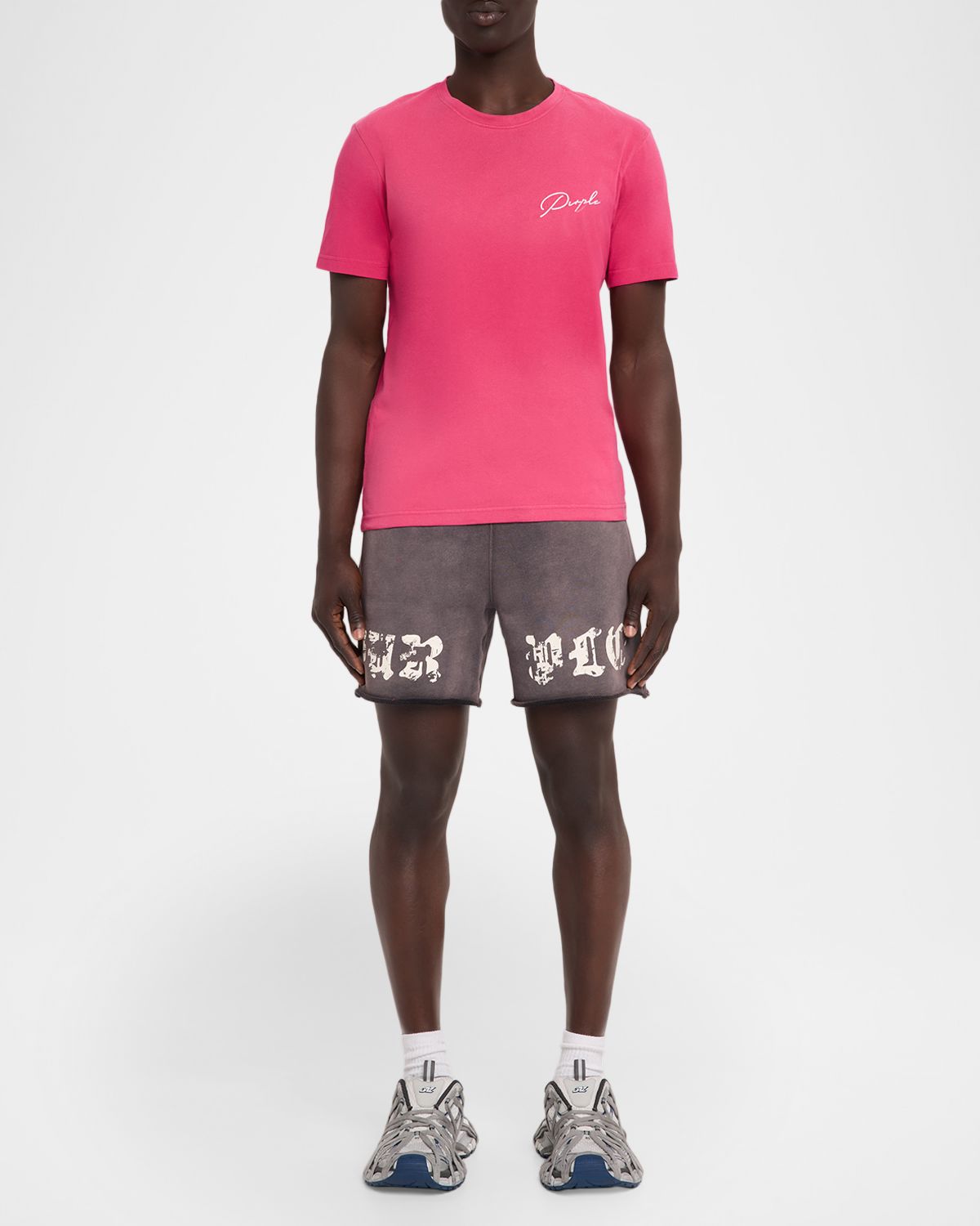 PURPLE Men 's Worn Gothic Logo Cotton Fleece Shorts