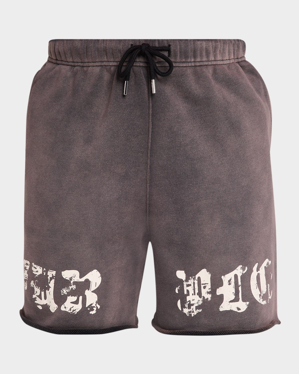 PURPLE Men 's Worn Gothic Logo Cotton Fleece Shorts