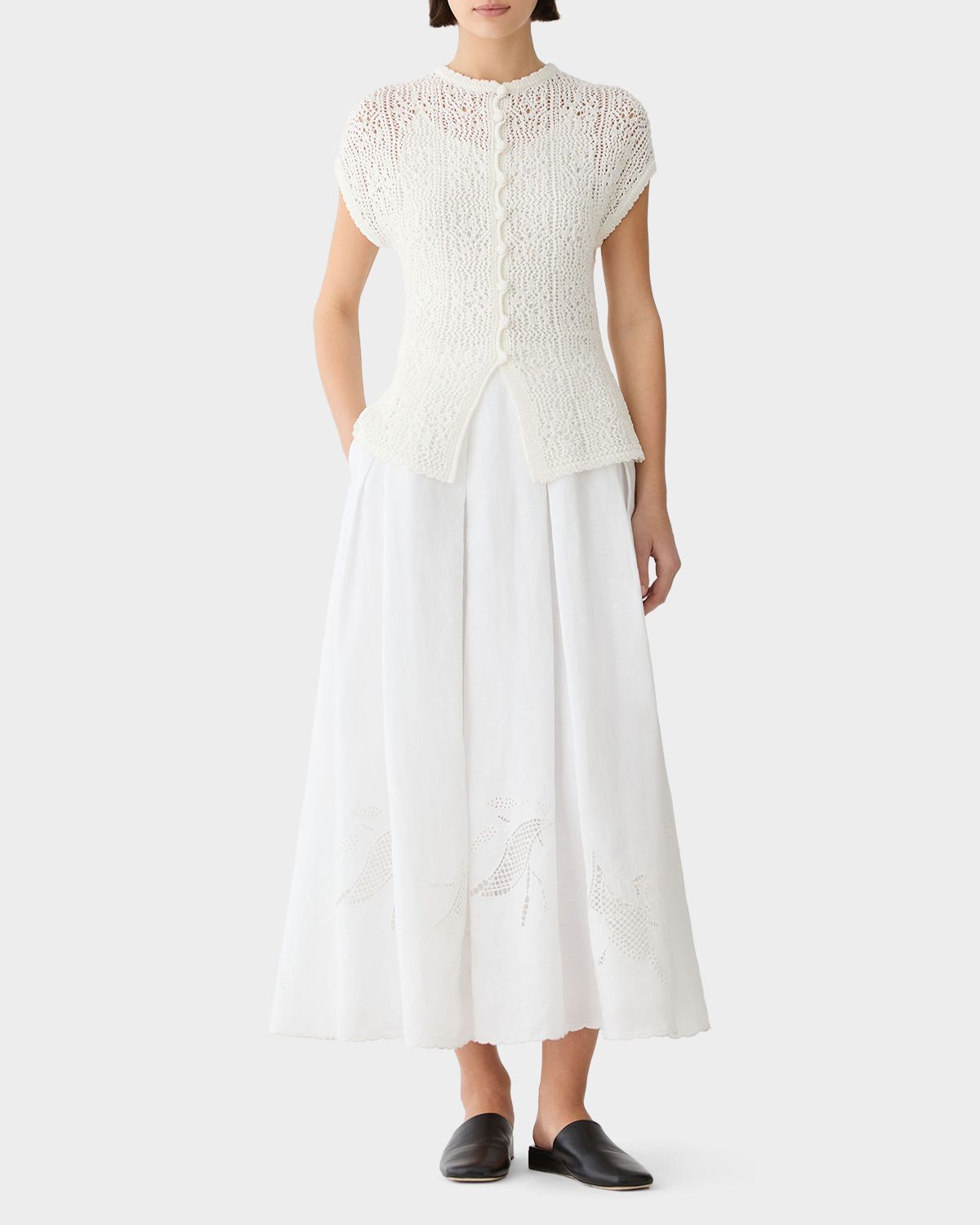 Lafayette 148 New York Lace-Stitch Cotton Knit Sweater