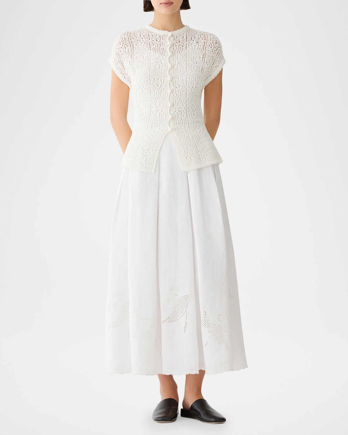 Lafayette 148 New York Pleated Cutout Embroidered Linen Maxi Skirt
