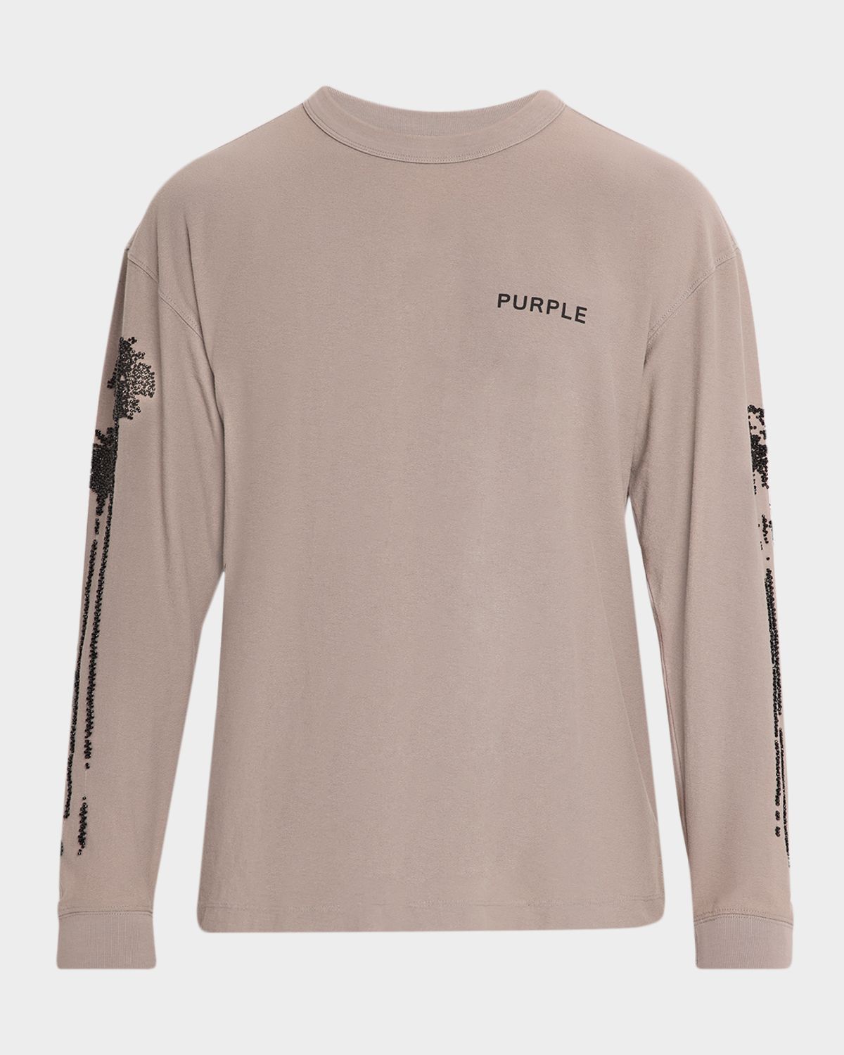 PURPLE Men 's Bead-Embellished Long-Sleeve Crewneck T-Shirt