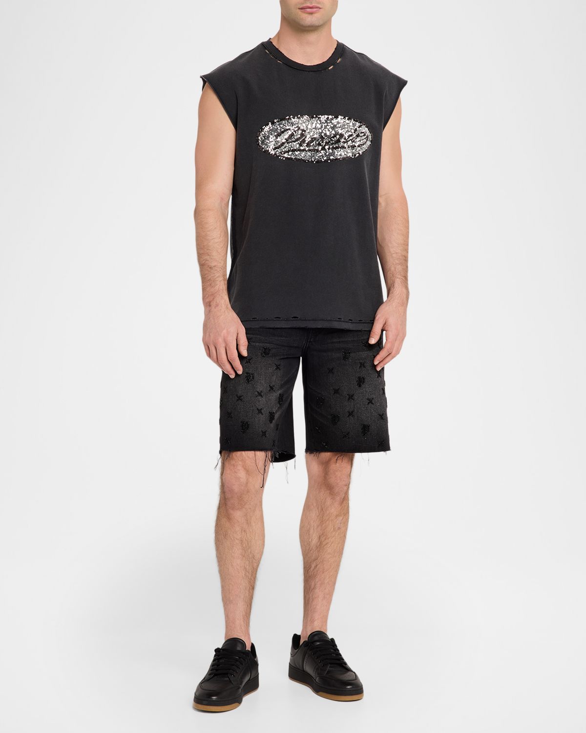 PURPLE Men 's Sequin-Logo Distressed Cotton Tank Top