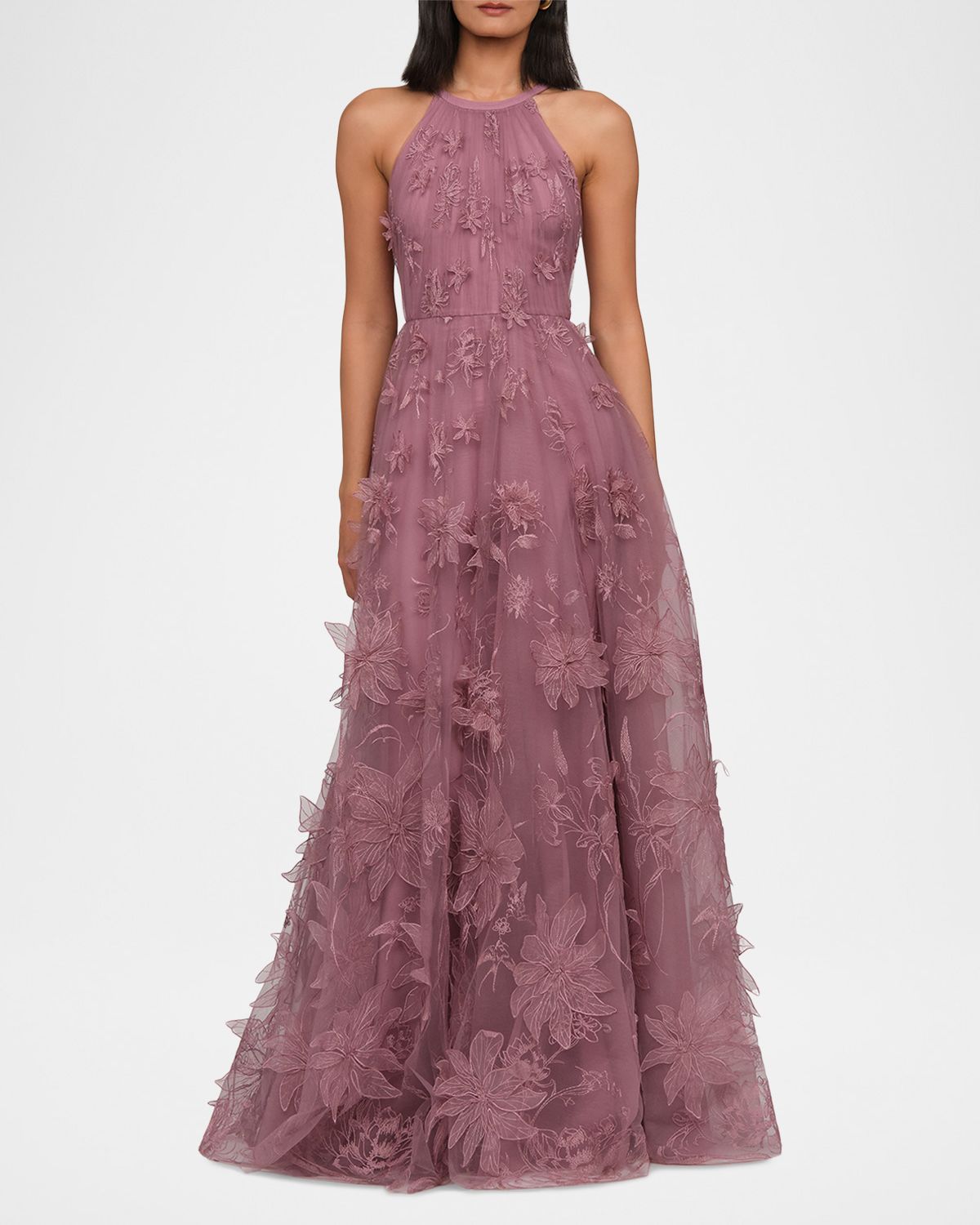 Theia Floral-Embroidered Halter Tulle Gown | Thumbnail 6