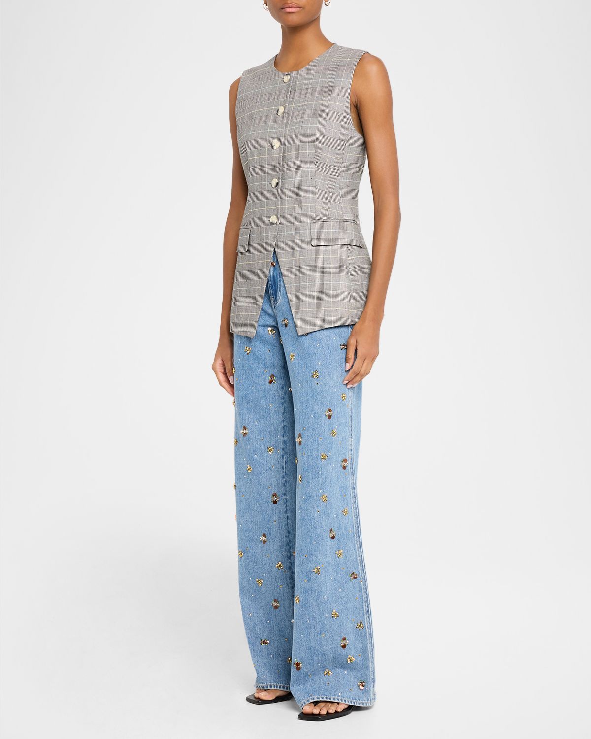 Veronica Beard Kasey Embellished Denim Mid-Rise Wide-Leg Jeans