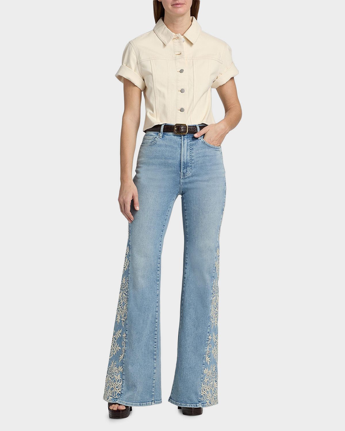 Veronica Beard Malcom Short-Sleeve Cropped Denim Jacket