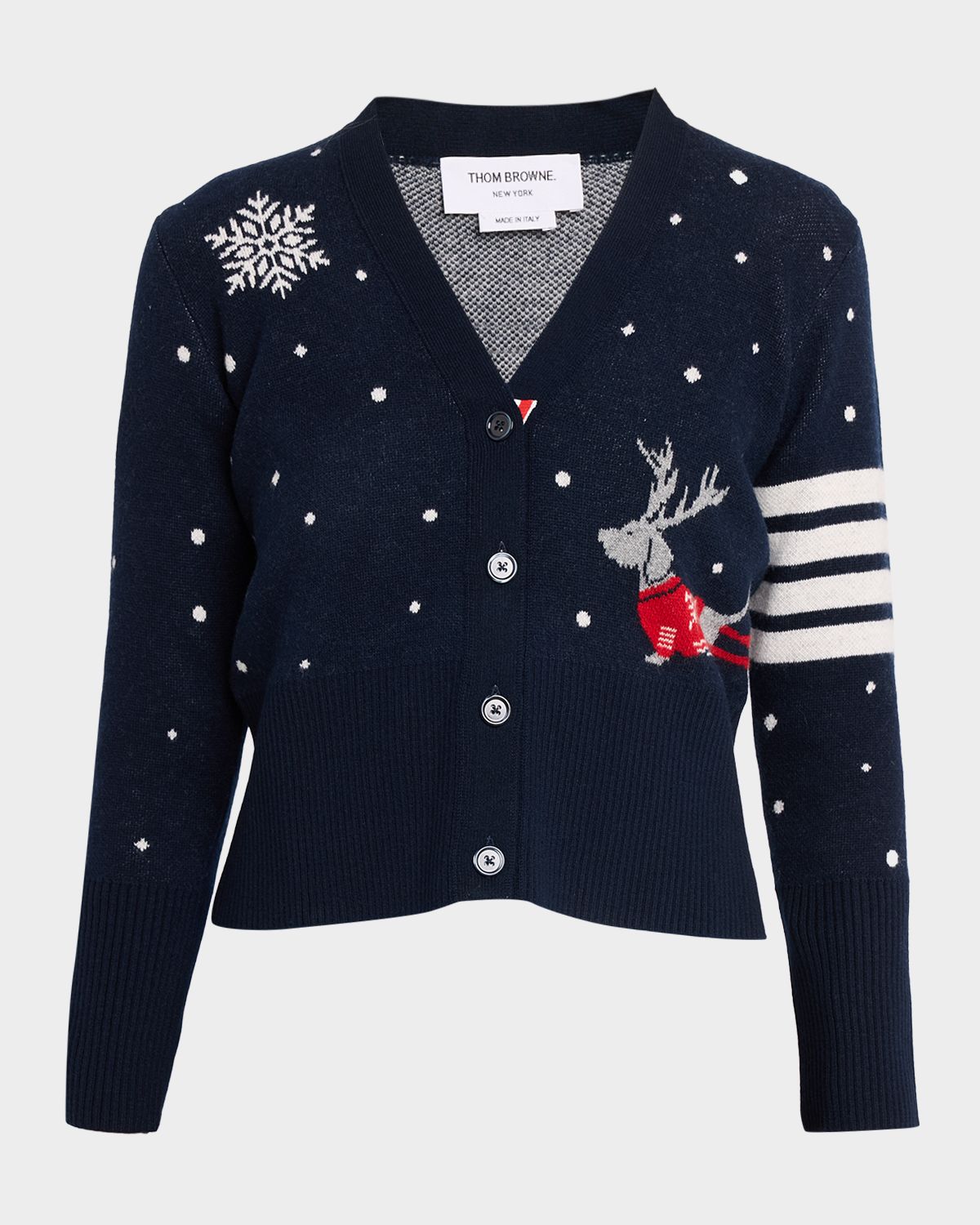 Thom Browne 4-Bar Wool Hector Reindeer V-Neck Cardigan