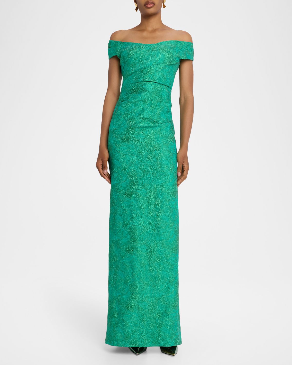 Rickie Freeman for Teri Jon Off-Shoulder Metallic Jacquard Column Gown