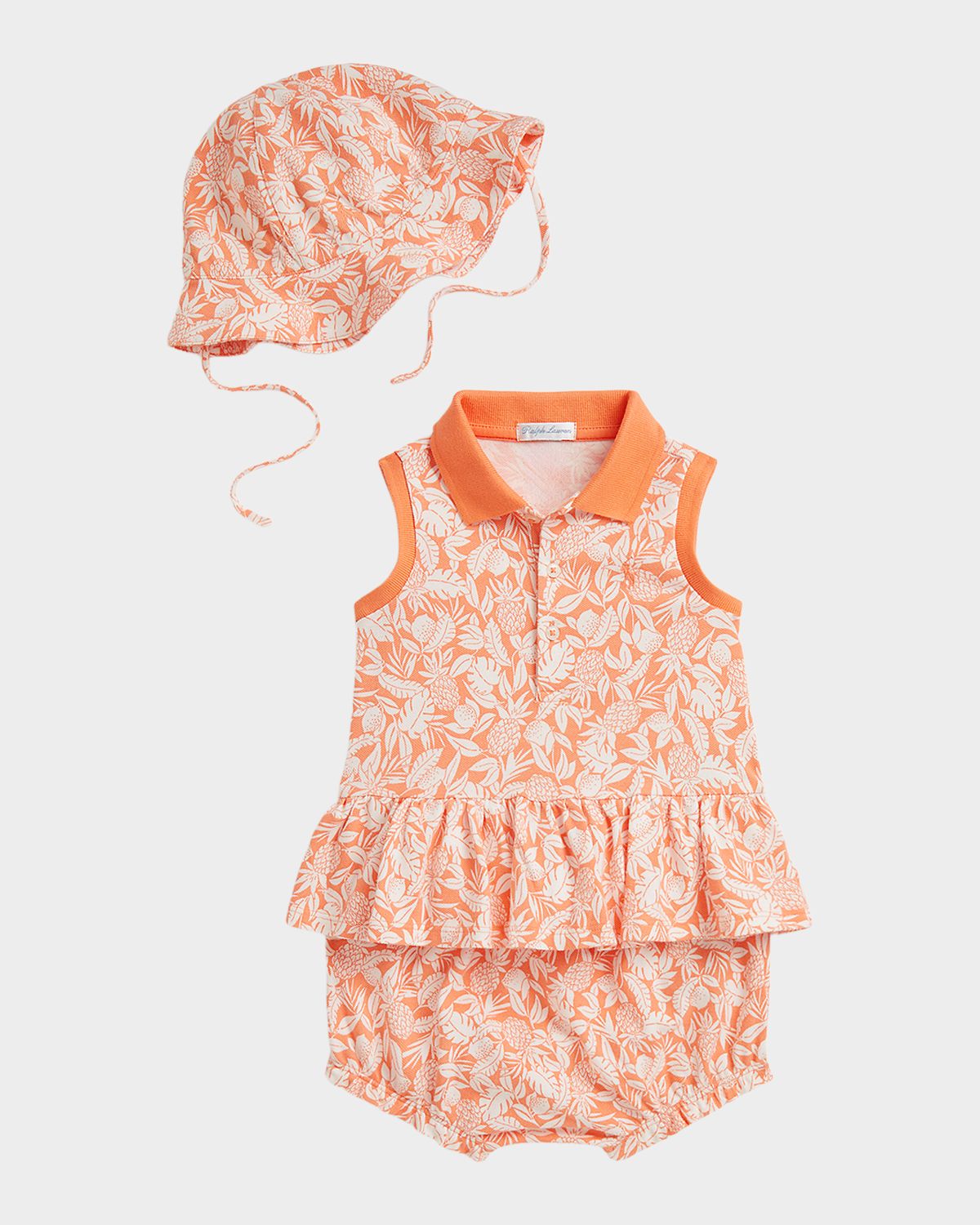 Polo Ralph Lauren Girl 's Mesh Polo Shirt, Bloomers & Hat Three-Piece Set, Size 3M-24M