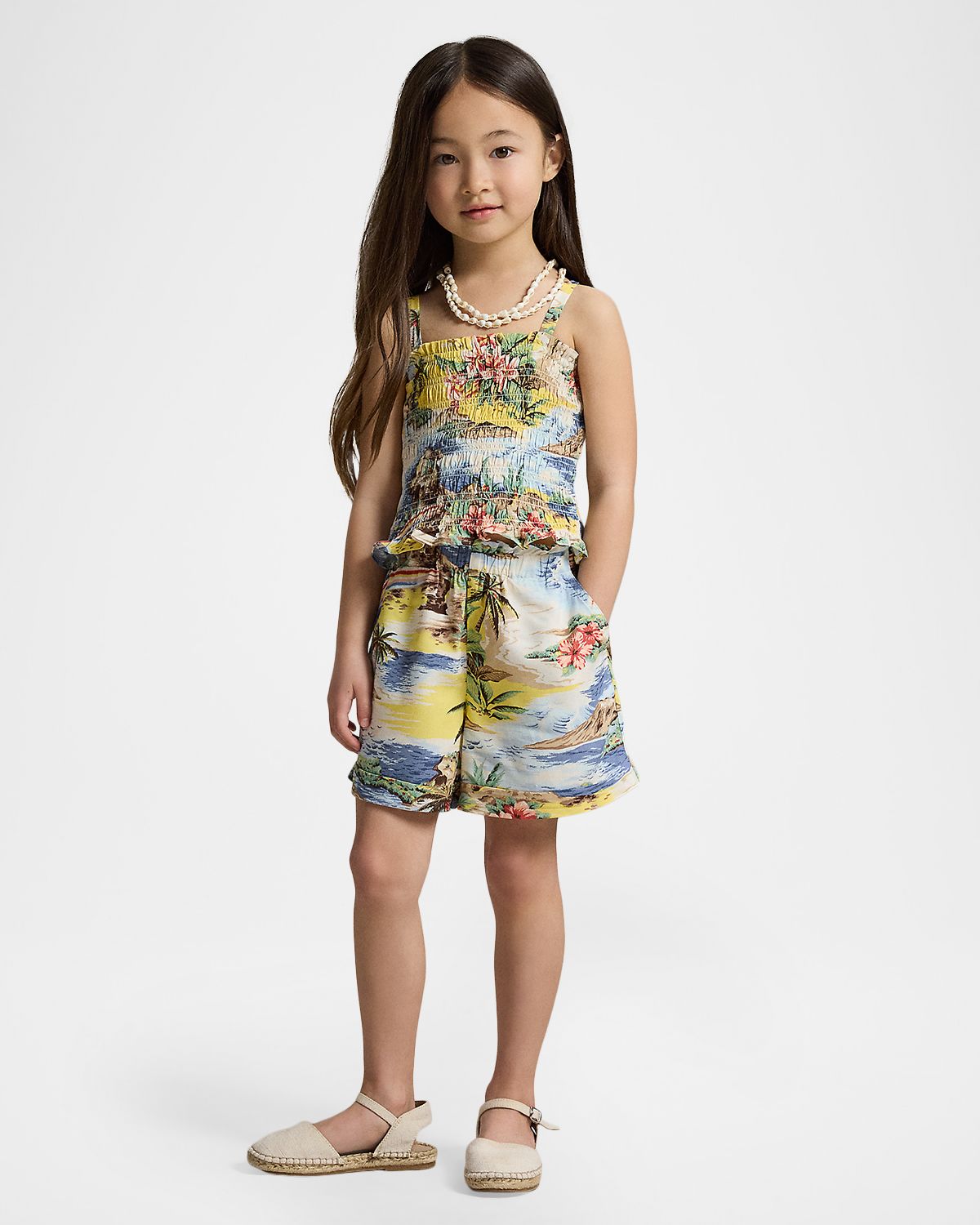 Polo Ralph Lauren Girl 's Tropical-Print Smocked Boxy Top & Shorts Set, Size 2-7