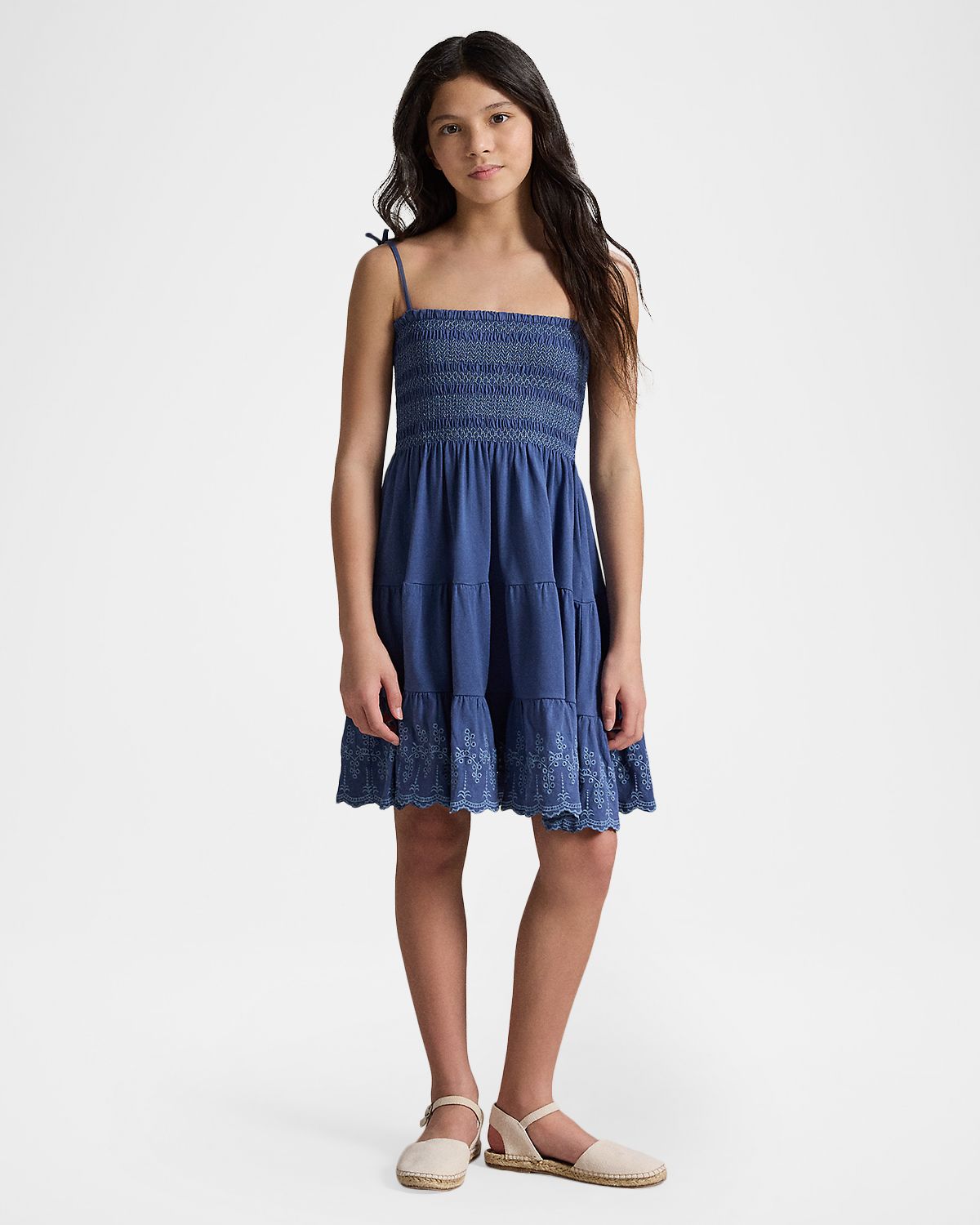 Polo Ralph Lauren Girl 's Smocked Eyelet Cotton Jersey Dress, Size S-XL