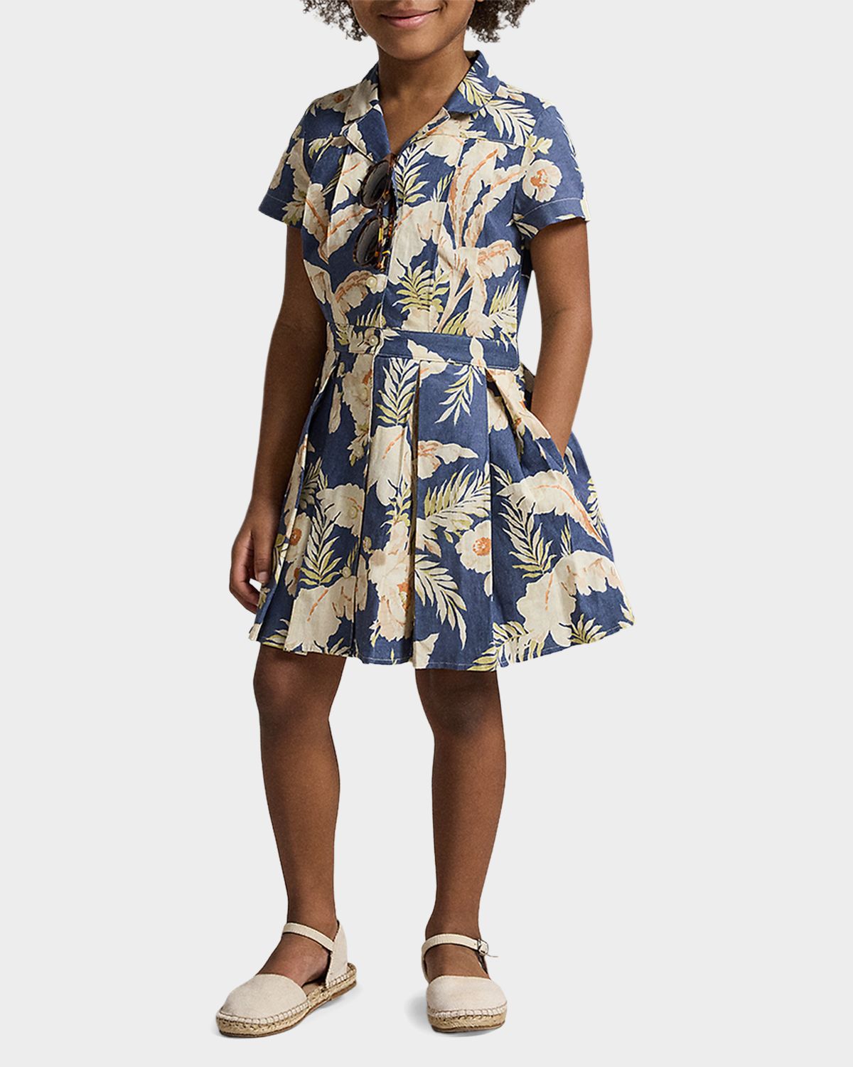 Polo Ralph Lauren Girl 's Tropical-Print Linen-Cotton Pleated Shirtdress, Size 2-X