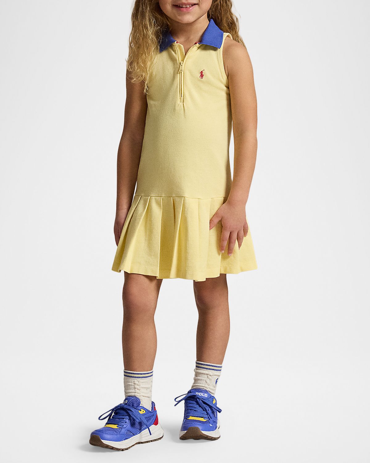 Polo Ralph Lauren Girl 's Pleated Mesh Quarter-Zip Polo Dress, Size 2-X