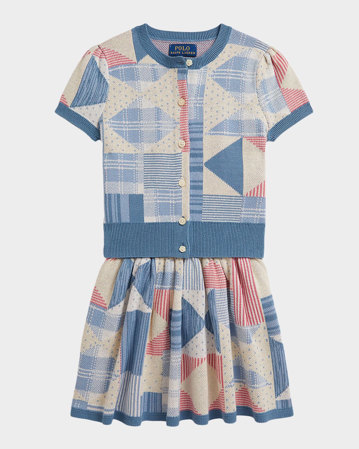 Polo Ralph Lauren Girl 's Patchwork Cotton Cardigan & Skirt Set, Size 2-