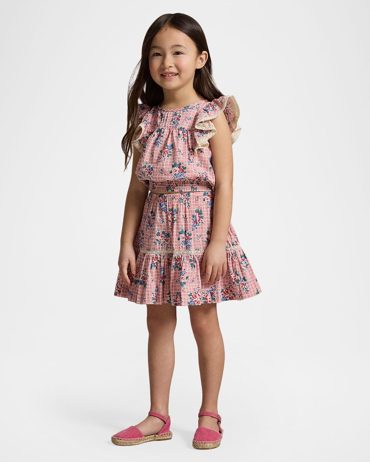 Polo Ralph Lauren Girl 's Floral Slub Cotton Top & Skirt Set, Size 2-