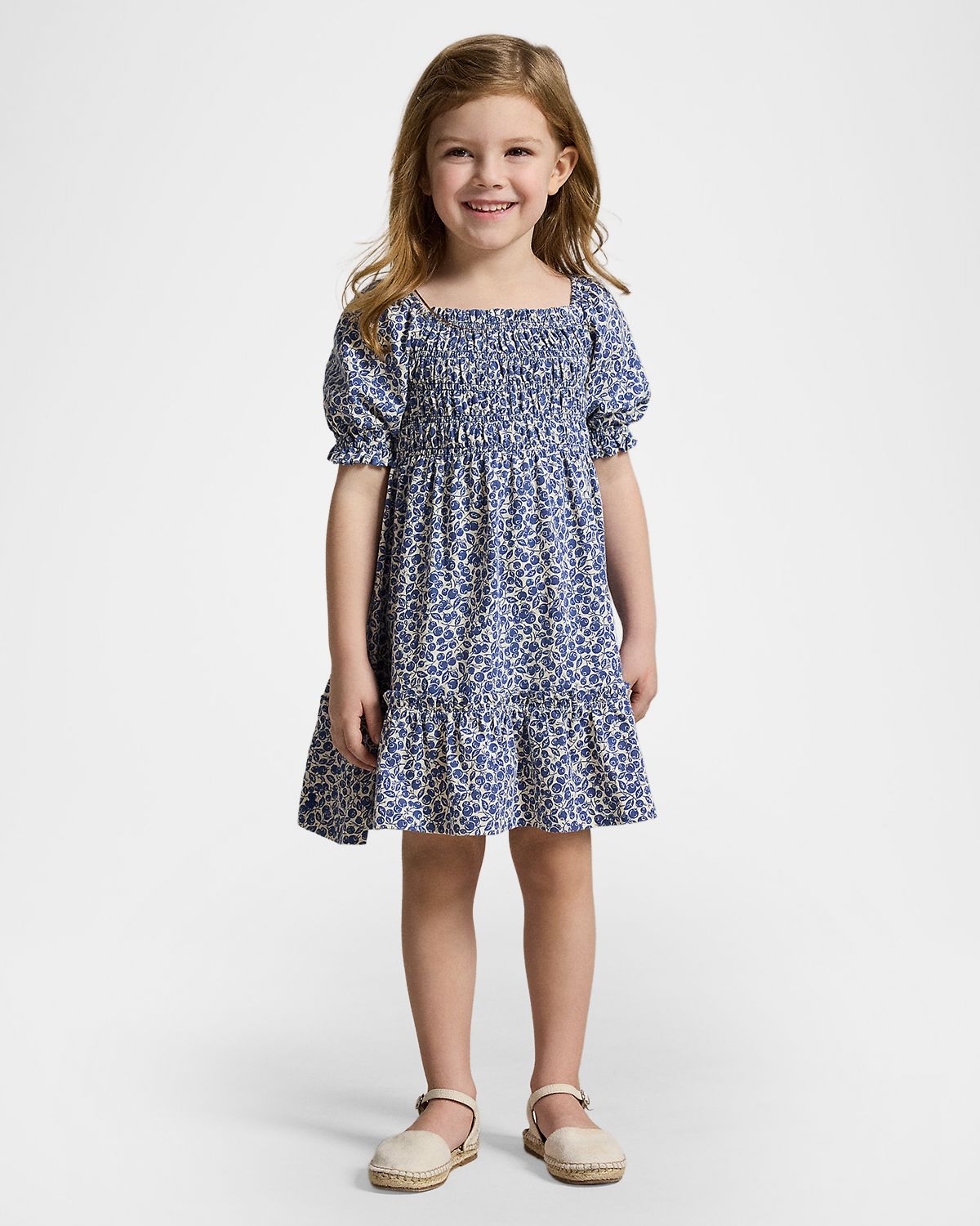 Polo Ralph Lauren Girl 's Smocked Blueberry-Print Cotton Jersey Dress, Size 2-X