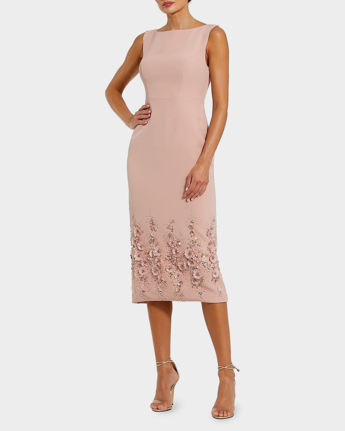 Mac Duggal Floral Beaded Crepe Sleeveless Midi Dress