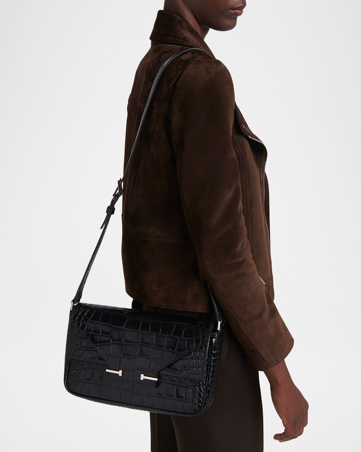 TOM FORD Large T-Clasp Croc-Embossed Leather Shoulder Bag