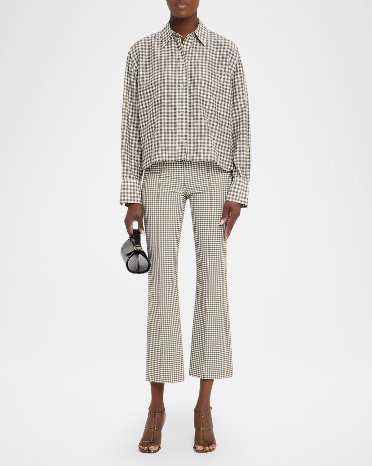 Vince Long-Sleeve Cropped Cotton-Silk Gingham Shirt