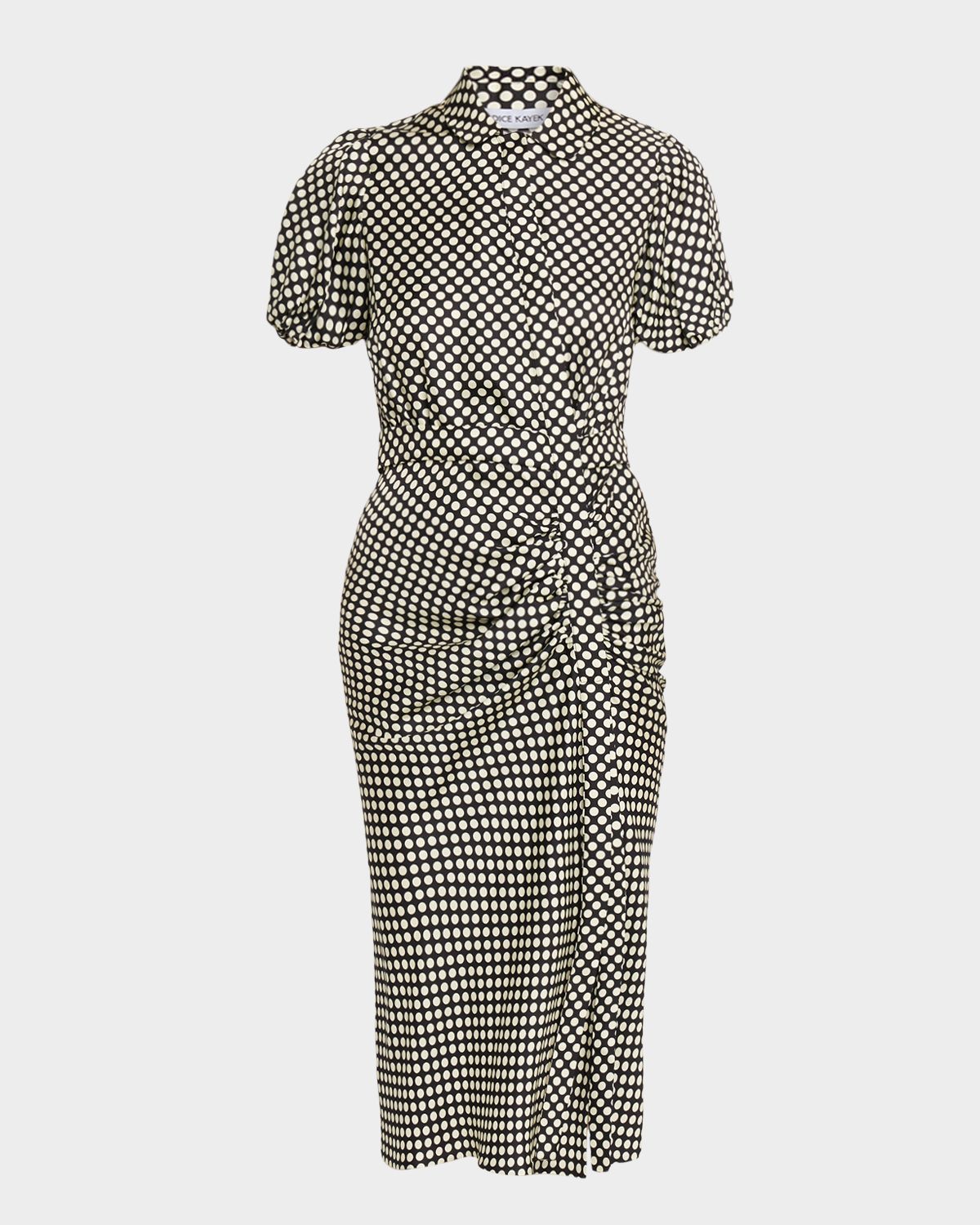 Dice Kayek Puff-Sleeve Ruched Polka-Dot Silk Midi Dress
