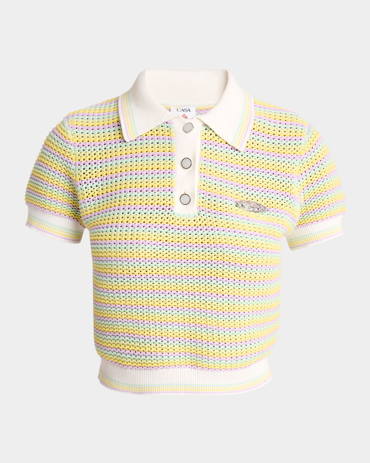 CASABLANCA Bourgeois Stripe Crochet Short-Sleeve Crop Polo Sweater