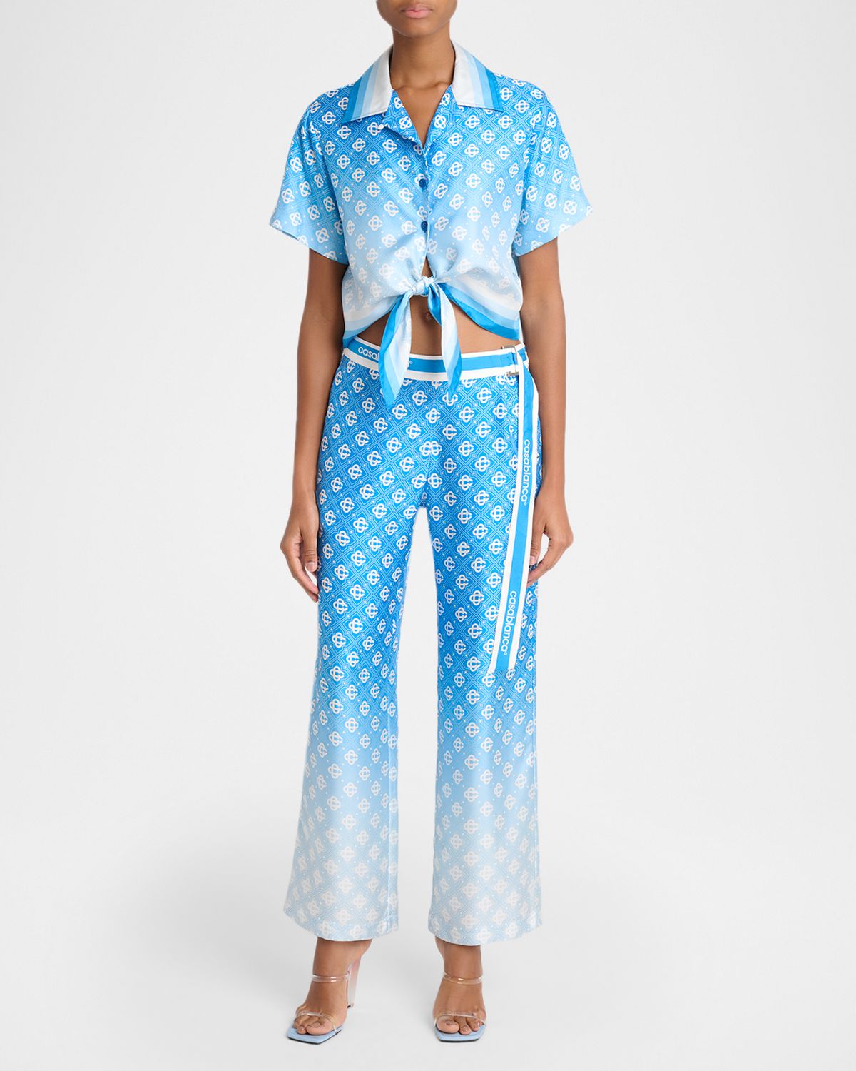 CASABLANCA Monogram Silk Knotted Crop Camp Shirt