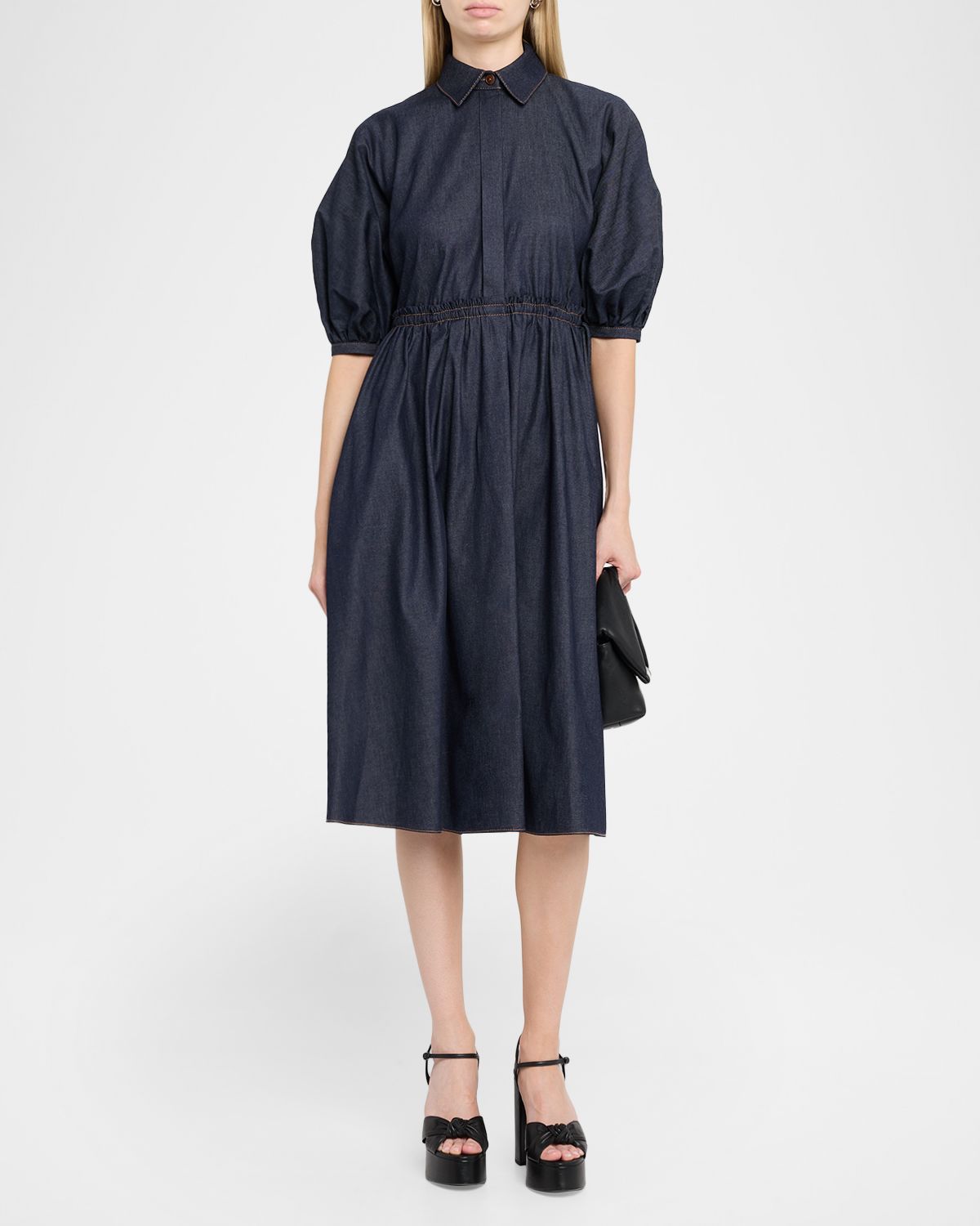 Dice Kayek Denim Puff-Sleeve Drawstring Midi Shirtdress | Thumbnail 5