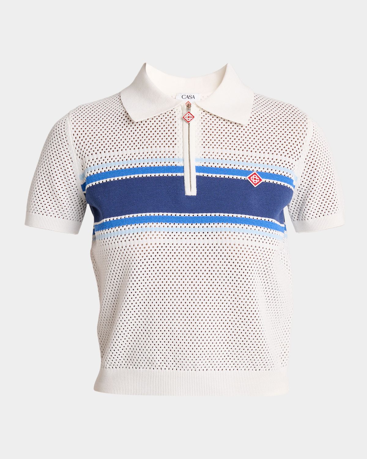 CASABLANCA Striped Mesh Knit Short-Sleeve Polo Top