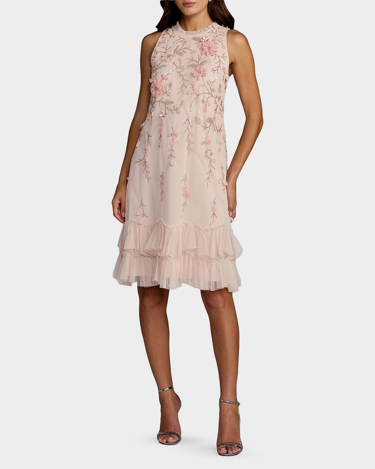 Mac Duggal Cocktail Floral Embellished Chiffon Tiered Dress