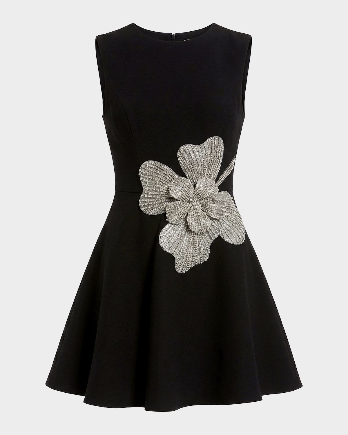 Mac Duggal Rhinestone Flower-Embellished Crepe Mini Dress