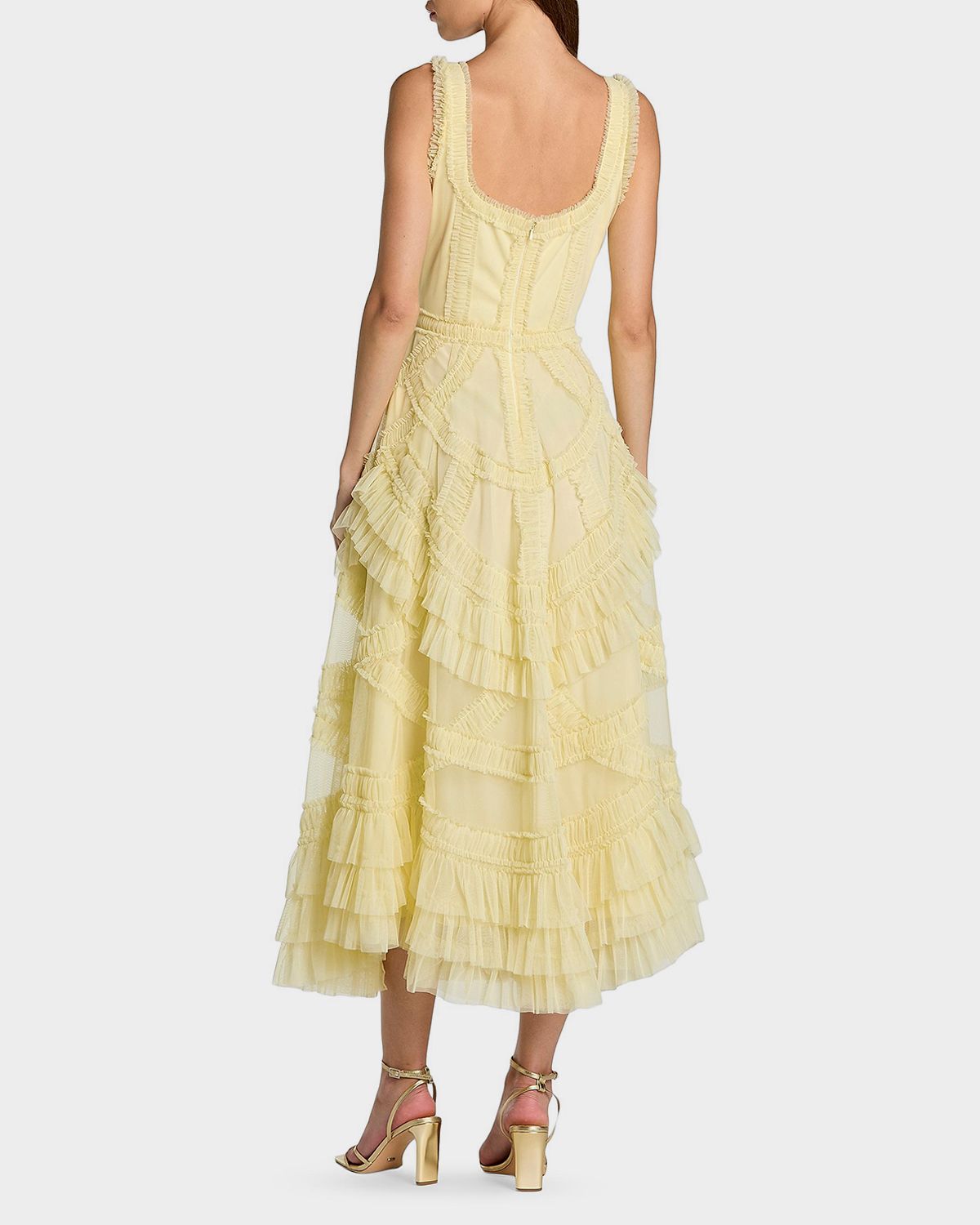Mac Duggal Mesh Ruffled Scoopneck Midi-Dress