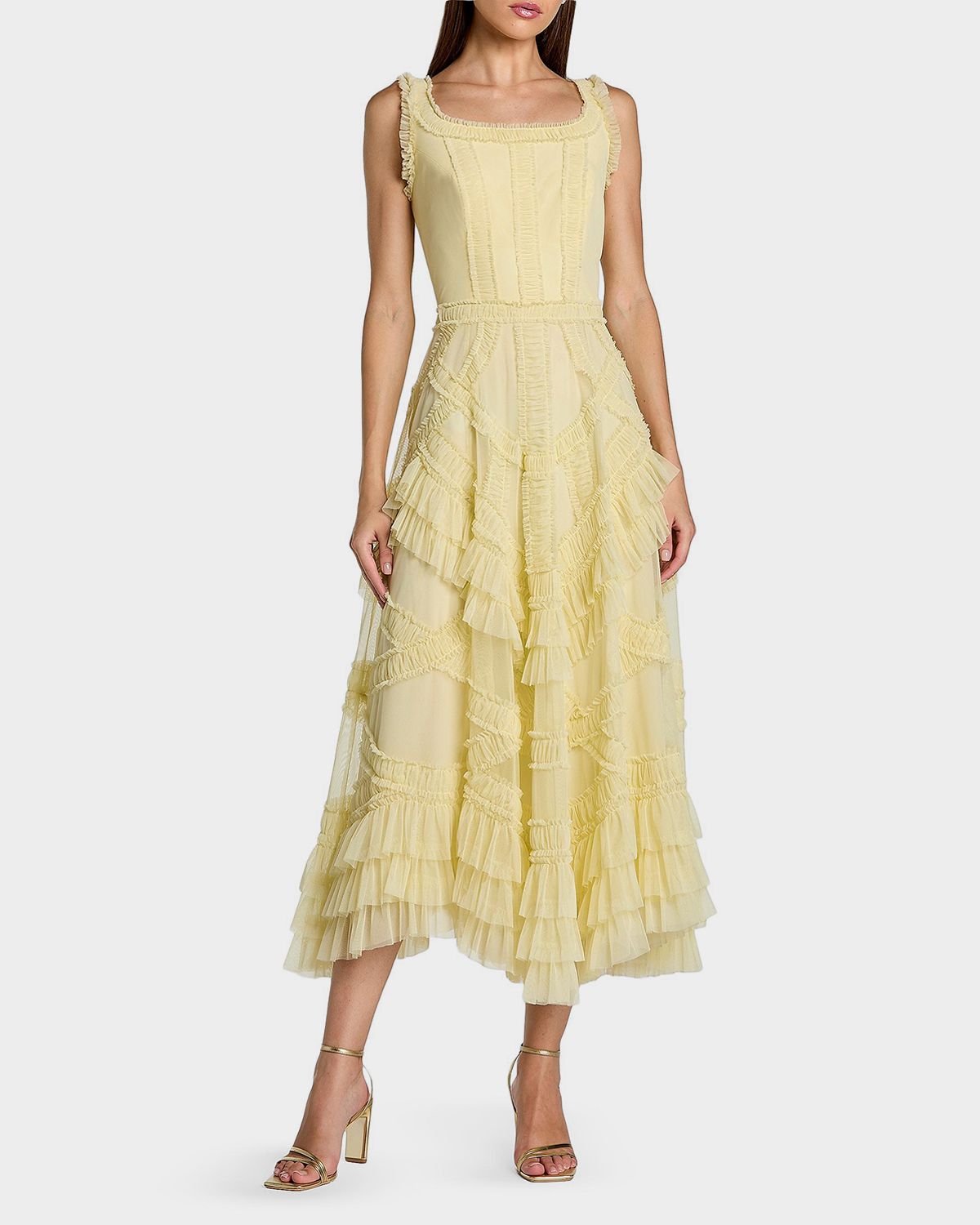 Mac Duggal Mesh Ruffled Scoopneck Midi-Dress
