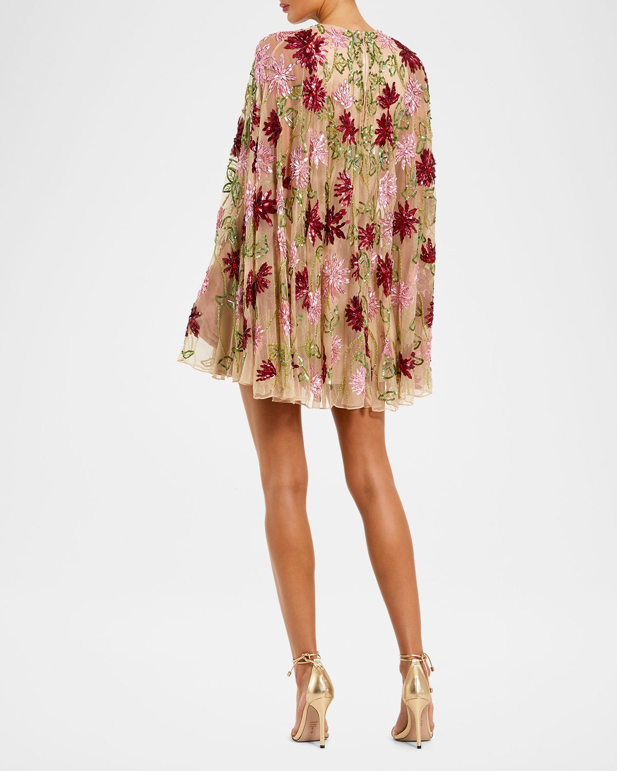 Mac Duggal Cocktail Embellished Floral Mesh Cape Minidress