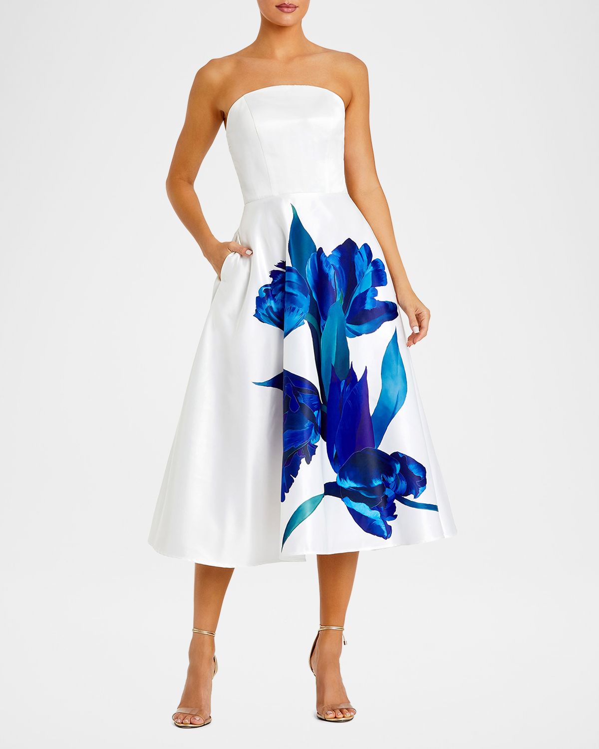 Mac Duggal Strapless Floral-Print Satin Midi Dress