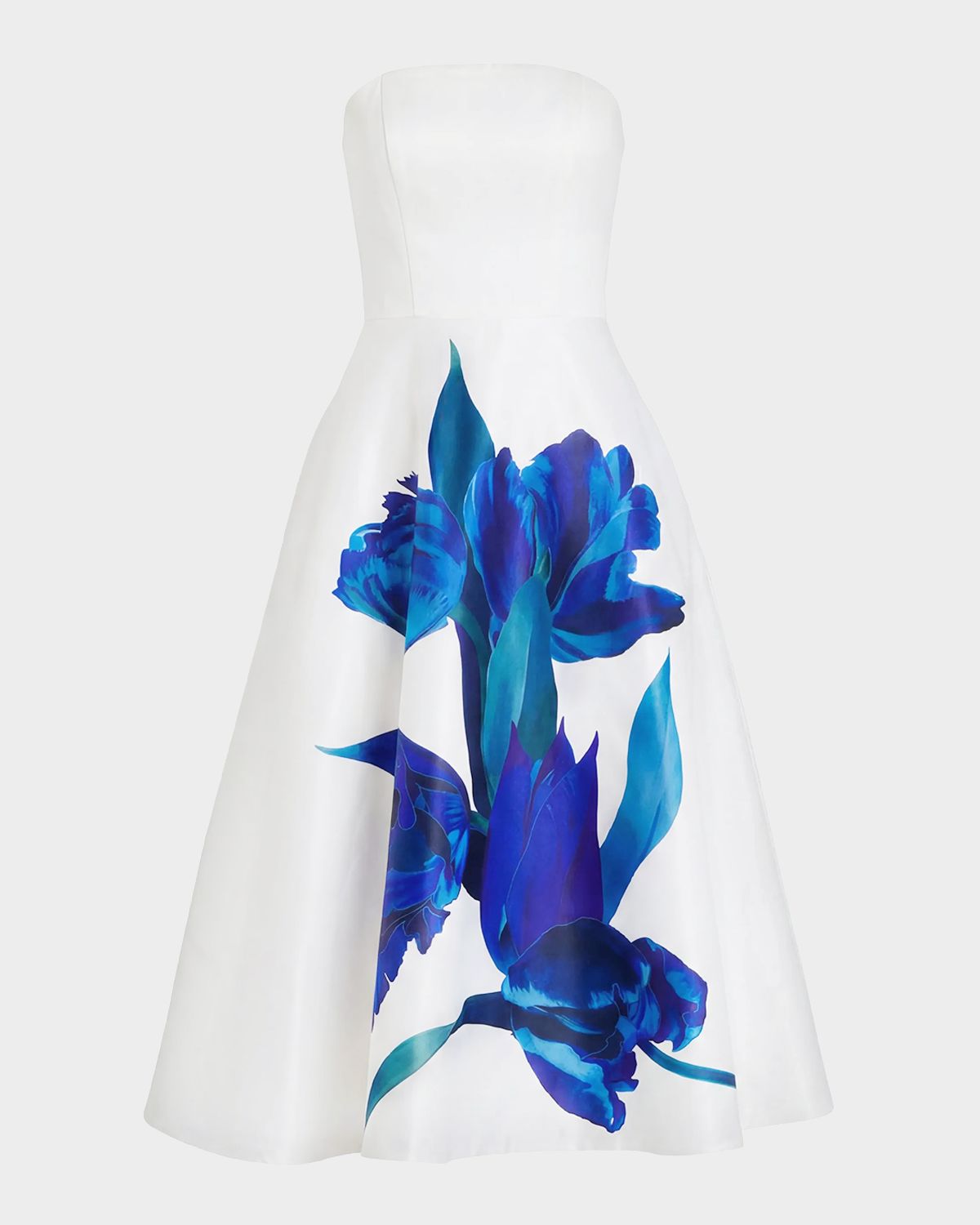 Mac Duggal Strapless Floral-Print Satin Midi Dress