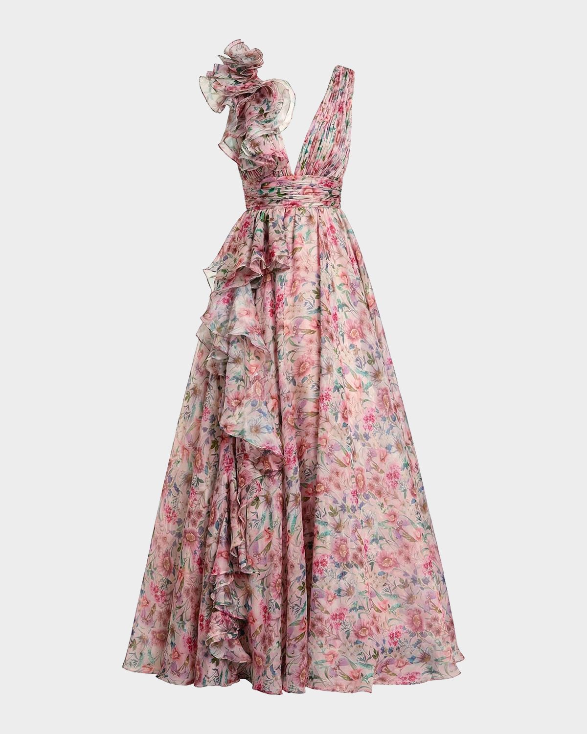Mac Duggal Plunging Floral-Print Chiffon Ball Gown