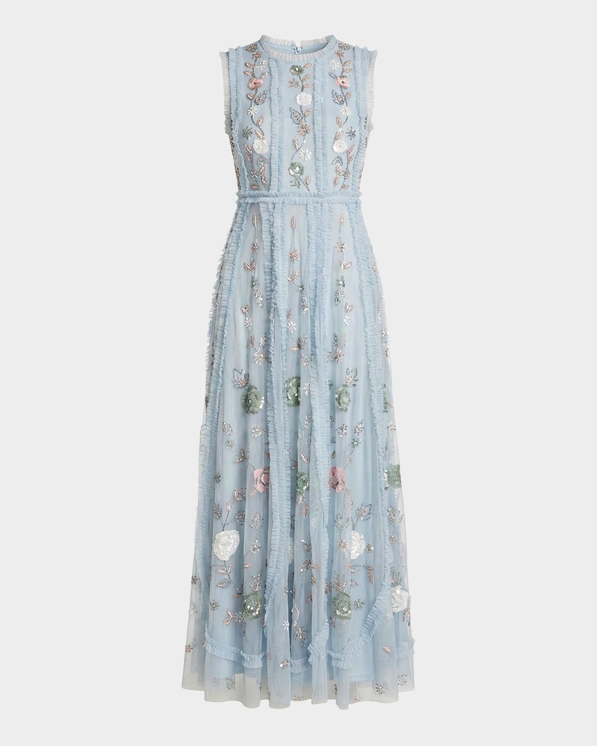 Mac Duggal Ruffle-Trim Floral Beaded Mesh Gown