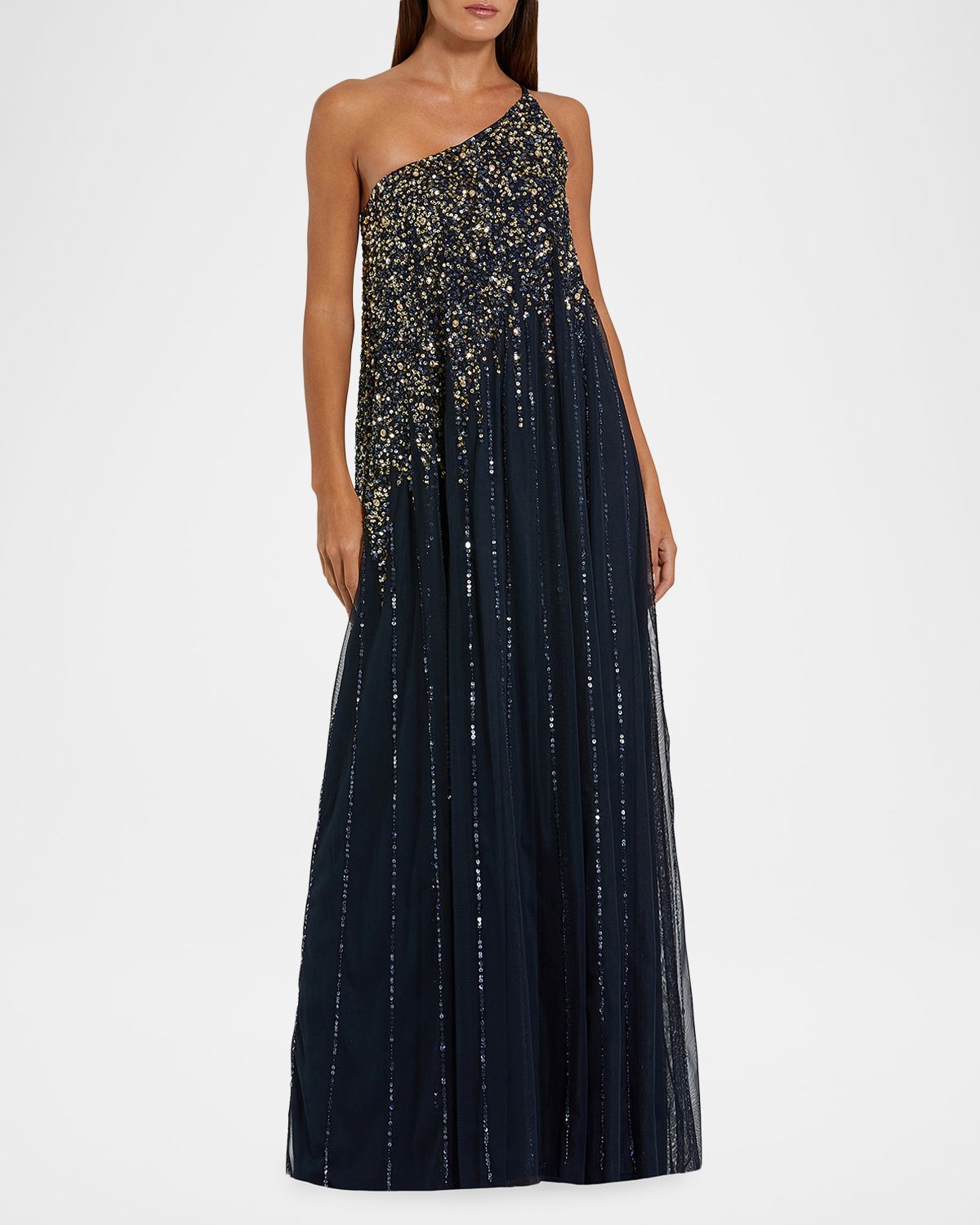 Mac Duggal Beaded One-Shoulder Tulle Trapeze Gown