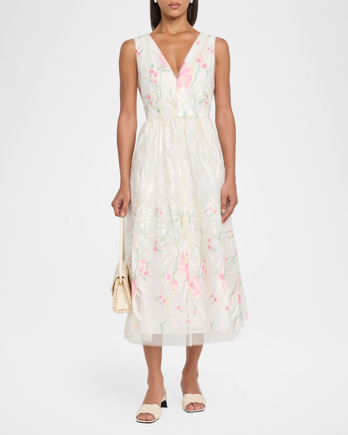 Milly Tinsley Floral-Embroidered Mesh Midi Dress