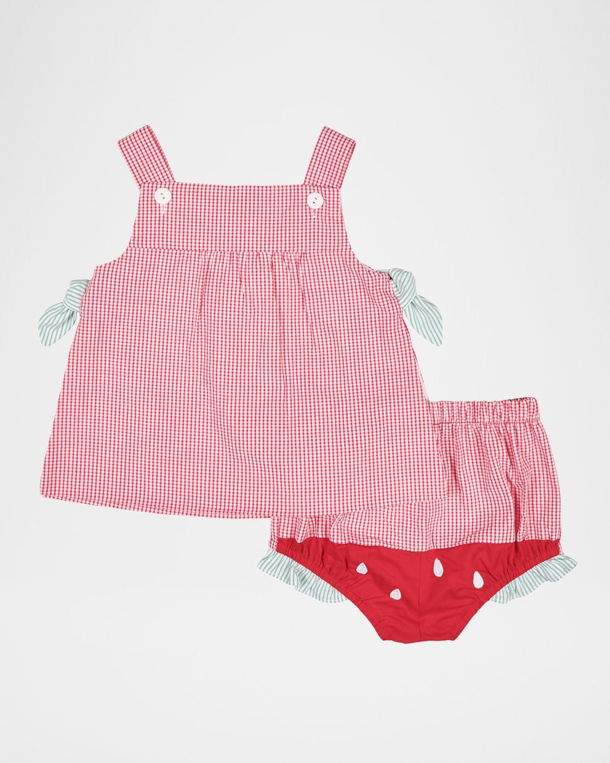 Florence Eiseman Girl 's Embroidered Watermelon Check Seersucker Top & Shorts Set, Size 6M-18M