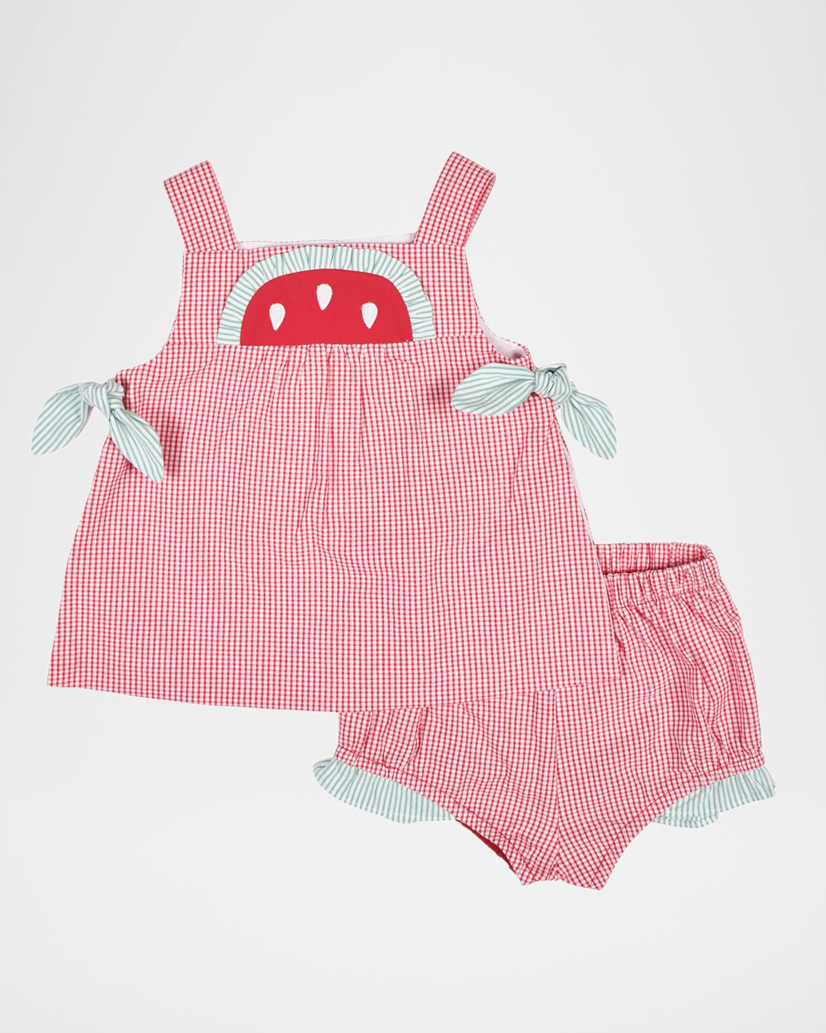 Florence Eiseman Girl 's Embroidered Watermelon Check Seersucker Top & Shorts Set, Size 6M-18M