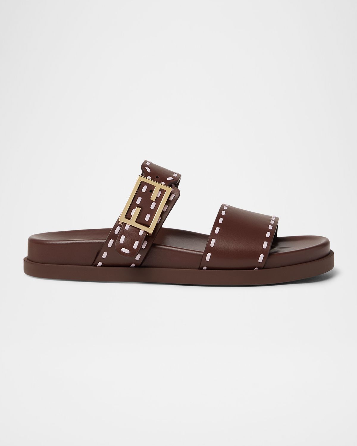 Fendi Feel Topstitch Leather Slide Sandals