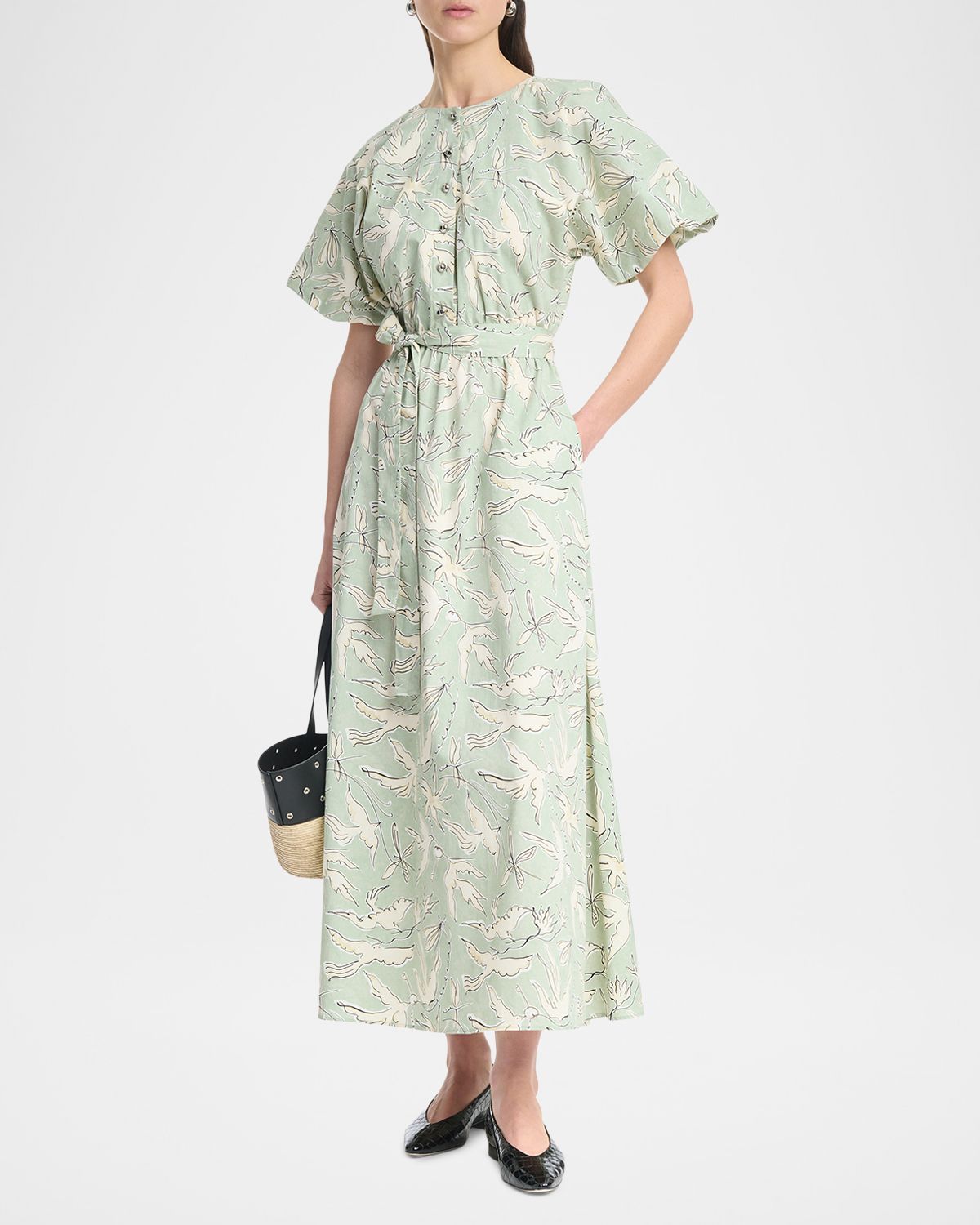 Altuzarra Paulina Dove-Print Cotton Puff-Sleeve Belted Midi Dress