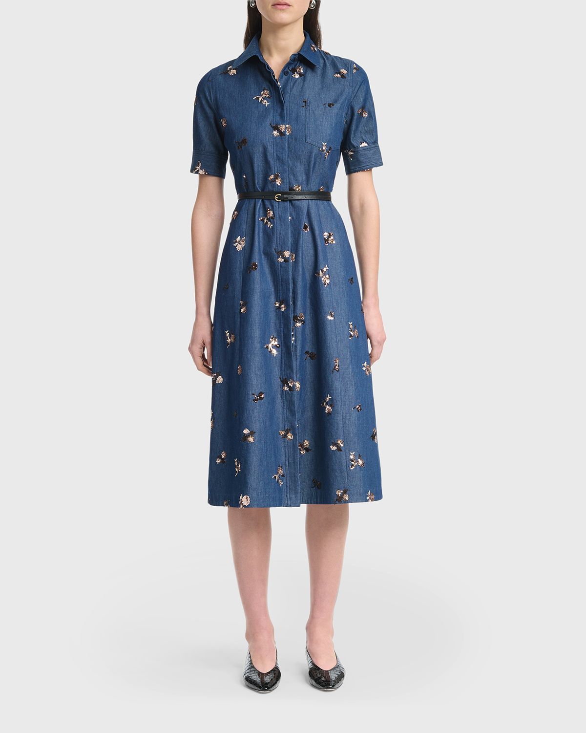Altuzarra Kieran Sequined Floral Denim Midi Shirtdress With Belt