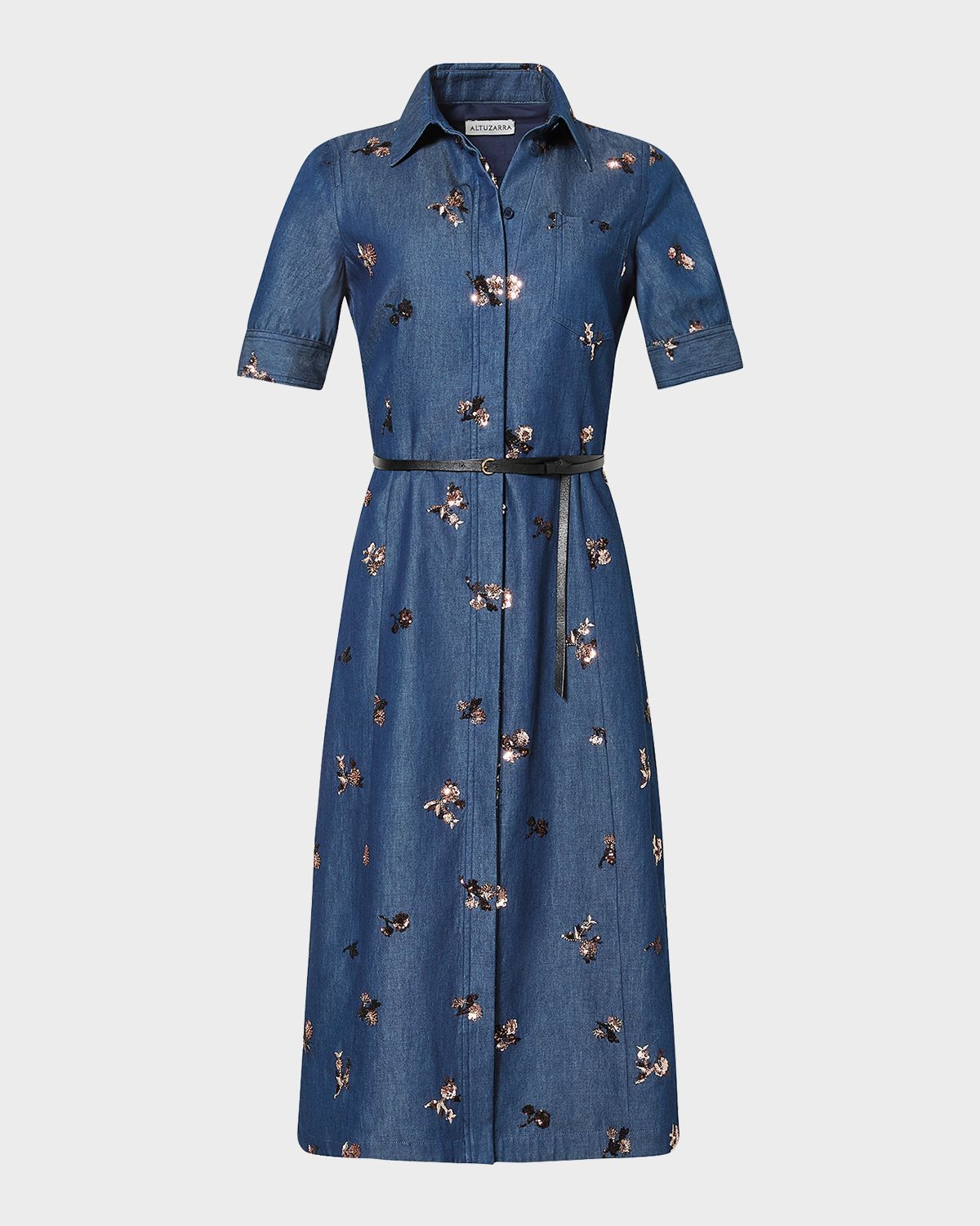 Altuzarra Kieran Sequined Floral Denim Midi Shirtdress With Belt