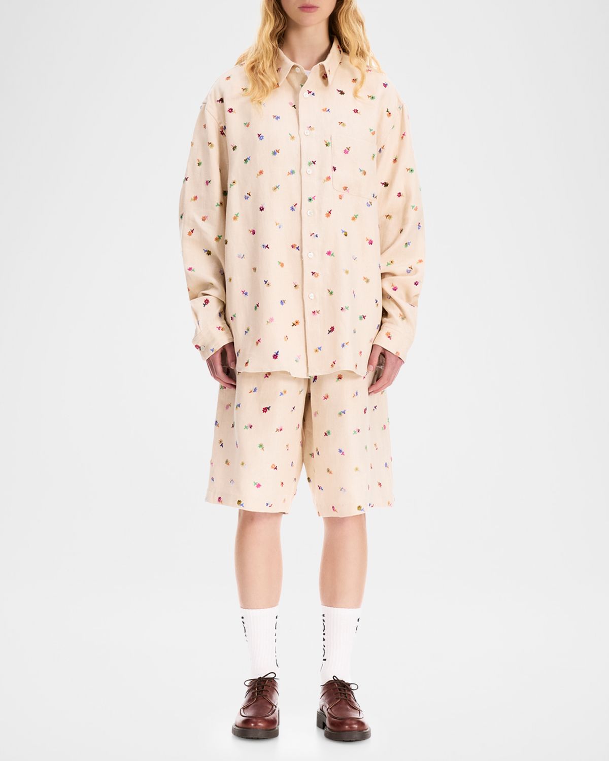 vowels Men 's Floral-Embroidered Linen-Blend Pull-On Shorts
