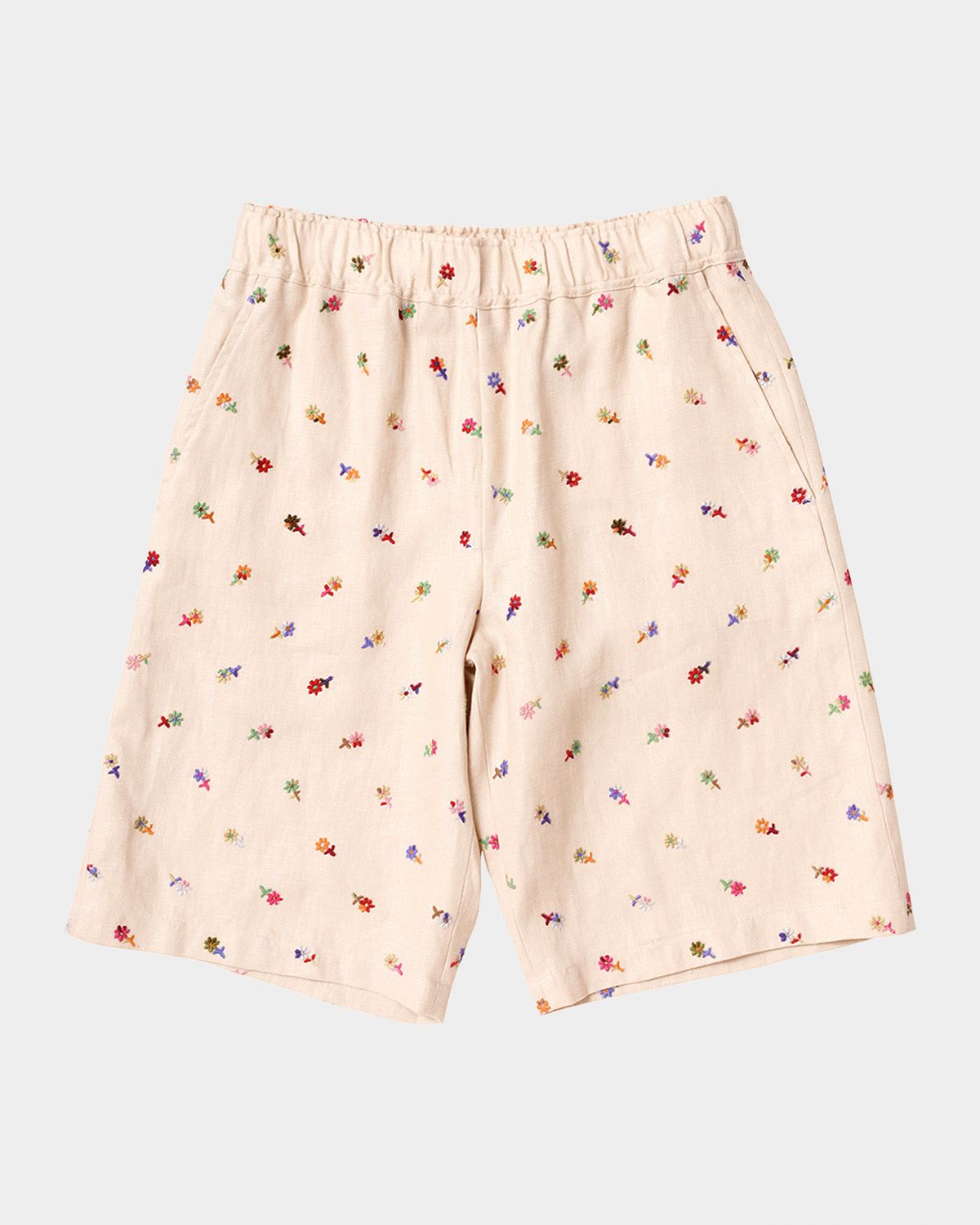 vowels Men 's Floral-Embroidered Linen-Blend Pull-On Shorts