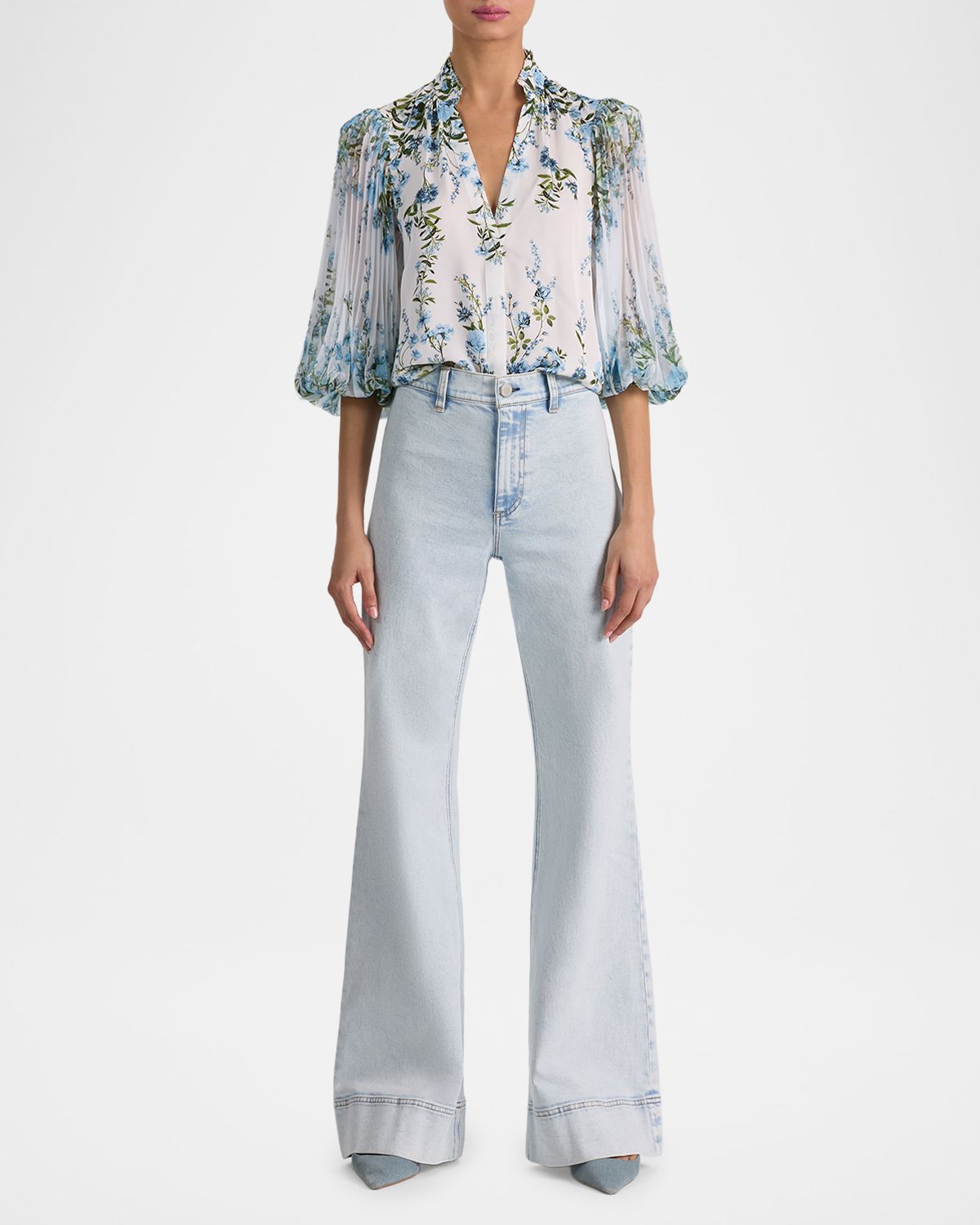 ALICE + OLIVIA Ilan Pleated-Sleeve Blouse