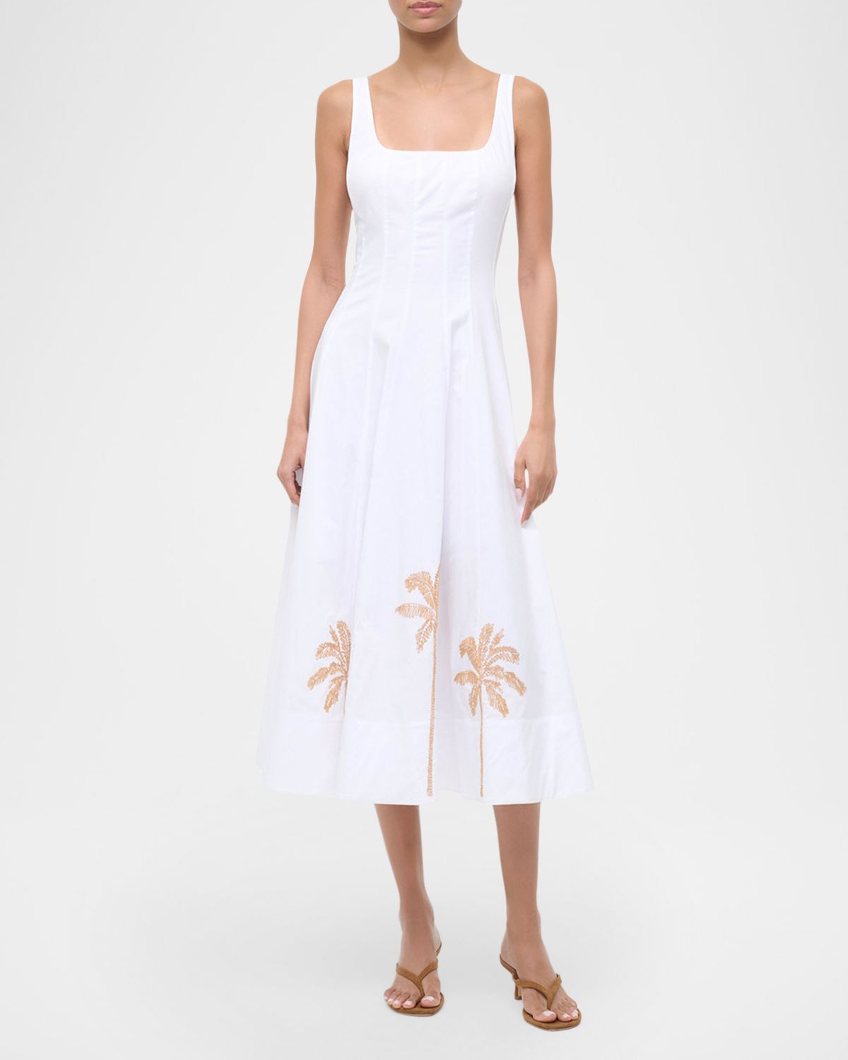 STAUD Wells Palm Tree Embroidered Poplin Midi Dress