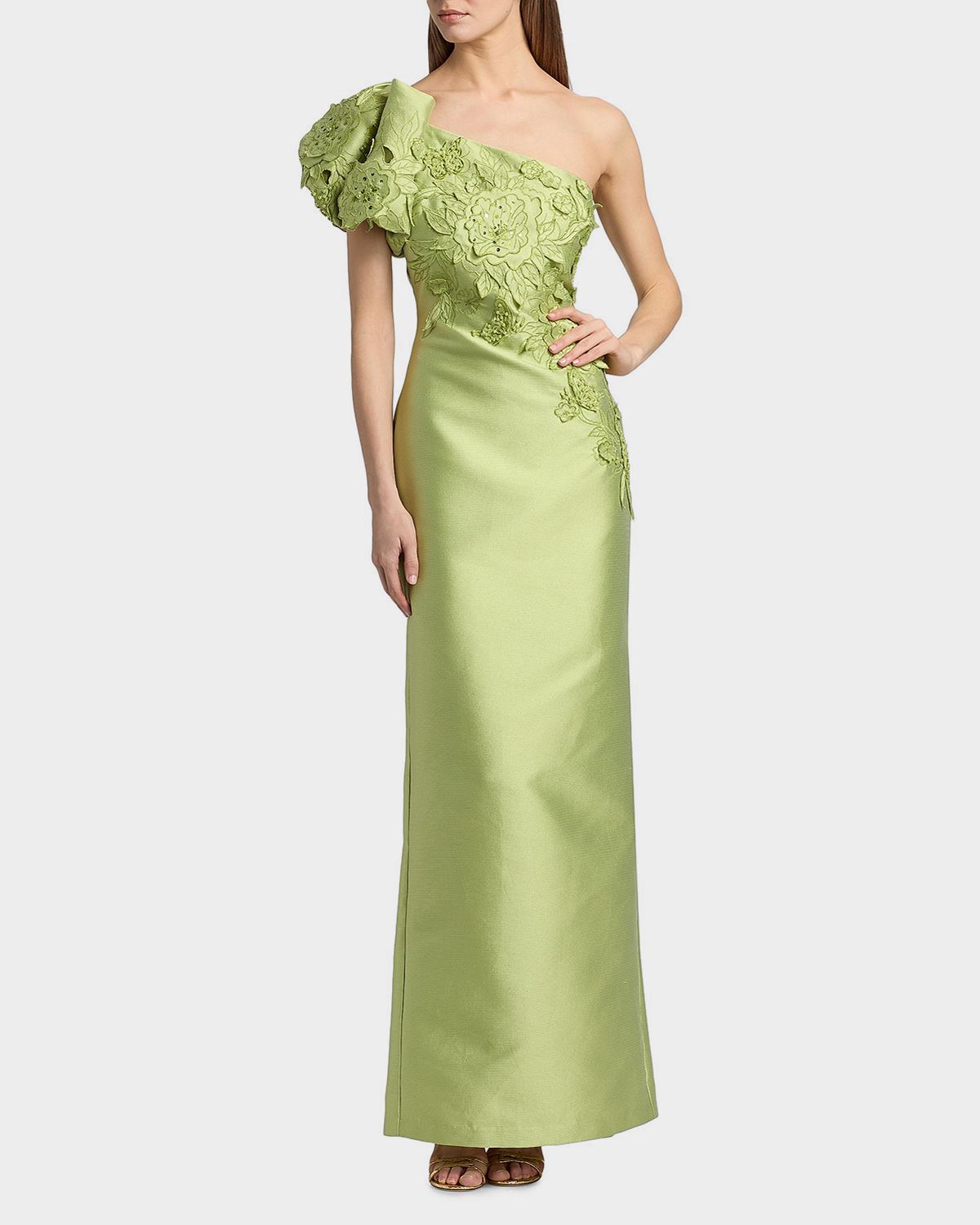 Badgley Mischka One-Shoulder Pebble Gazar Column Gown