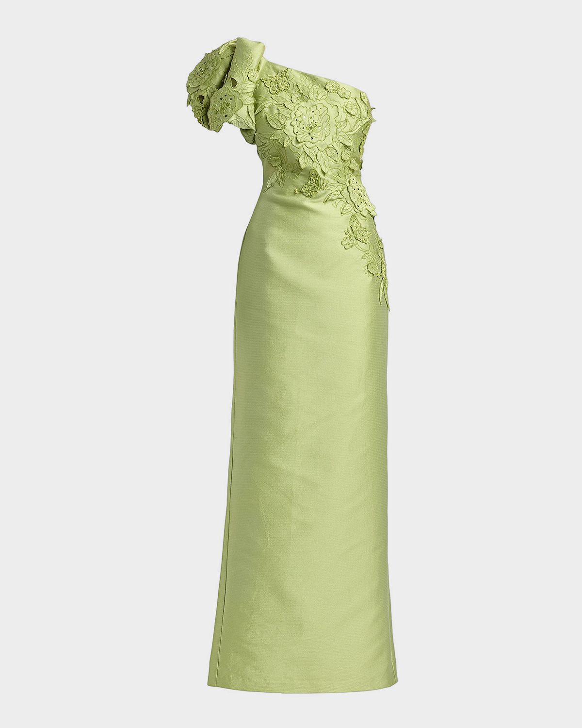 Badgley Mischka One-Shoulder Pebble Gazar Column Gown